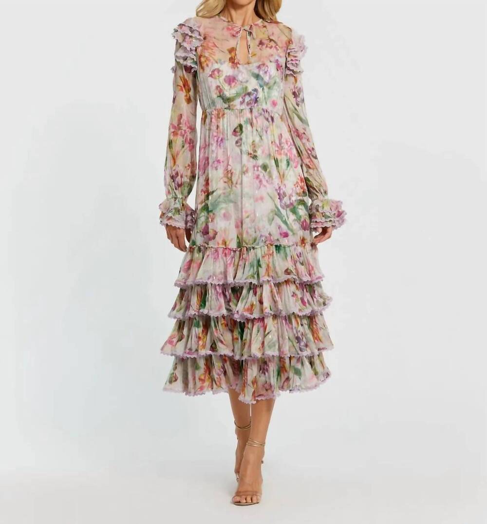 NEW MAC DUGGAL long sleeve ruffle detail floral shift dress in lilac multi